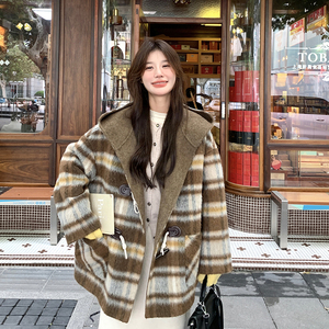 咖色格子双面羊绒大衣女2024新款冬装韩版80羊毛小个子毛呢外套潮图片