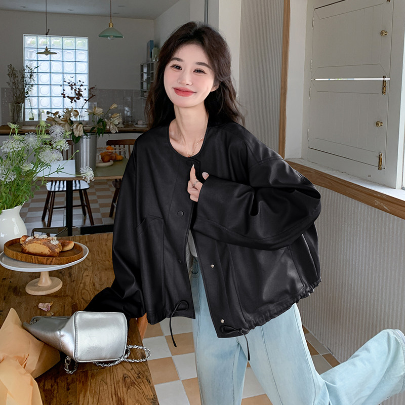 设计感下摆抽绳棒球服皮衣外套女2025年春季新款宽松休闲机车夹克,女装短外套,浙宝099
