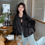 设计感下摆抽绳棒球服皮衣外套女2025年春季新款宽松休闲机车夹克，女装短外套，浙宝099