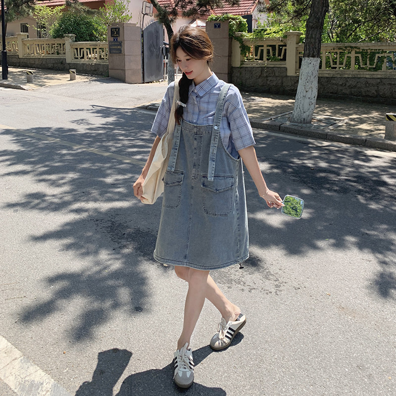 港风复古牛仔背带裙套装女夏季2024新款减龄小个子格纹衬衫两件套,女装套装/套裙,浙宝099