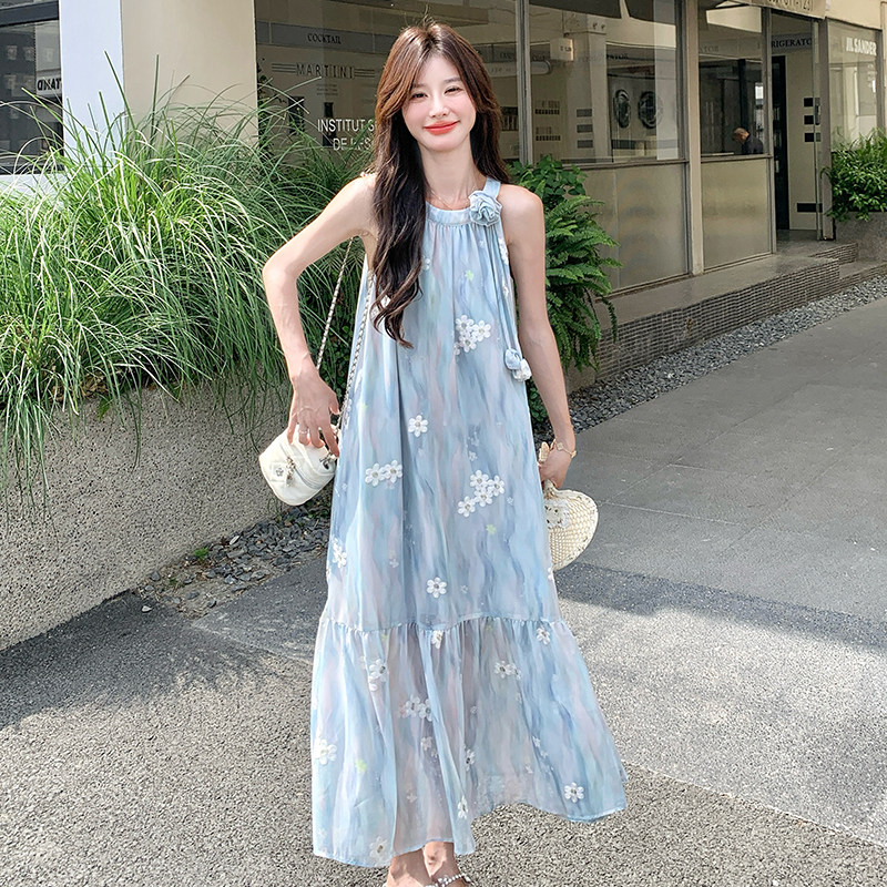 宽松气质森系无袖露肩挂脖大摆长裙女夏新款扎染印花温柔风连衣裙,女装连衣裙,浙宝099
