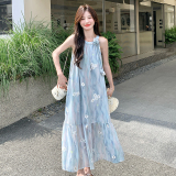 宽松气质森系无袖露肩挂脖大摆长裙女夏新款扎染印花温柔风连衣裙，女装连衣裙，浙宝099