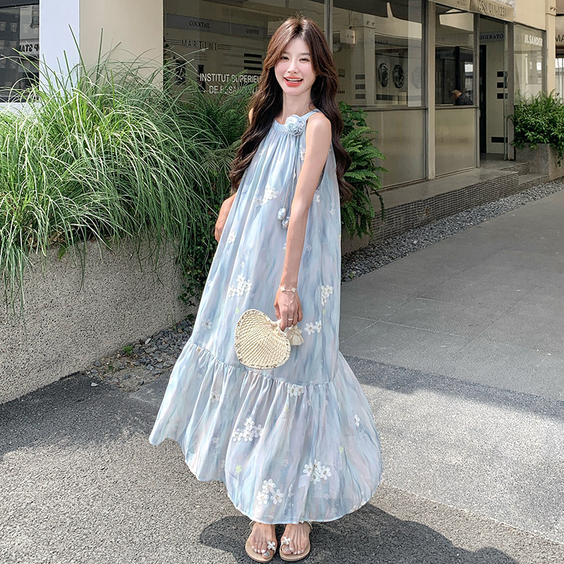宽松气质森系无袖露肩挂脖大摆长裙女夏新款扎染印花温柔风连衣裙,女装连衣裙,浙宝099