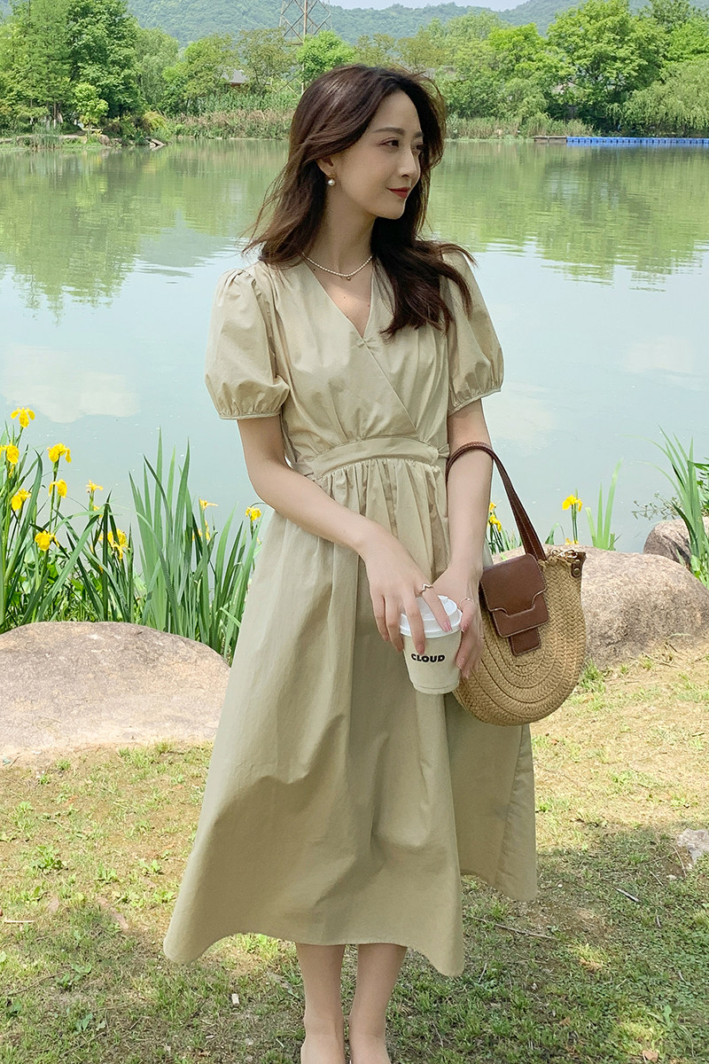 法式桔梗v领泡泡袖连衣裙女夏2025新款仙女超仙森系茶歇裙长裙子,女装连衣裙,浙宝099