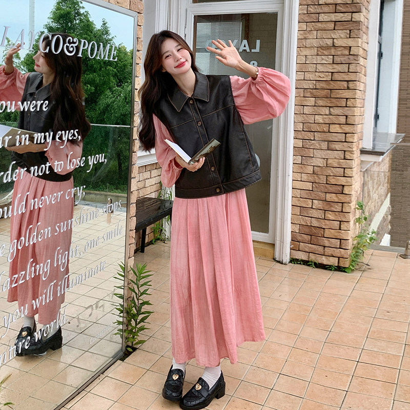 盐甜系穿搭pu皮马甲配粉色连衣裙女2025早春新款显瘦长裙两件套装,女装连衣裙,浙宝099