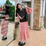 盐甜系穿搭pu皮马甲配粉色连衣裙女2025早春新款显瘦长裙两件套装，女装连衣裙，浙宝099