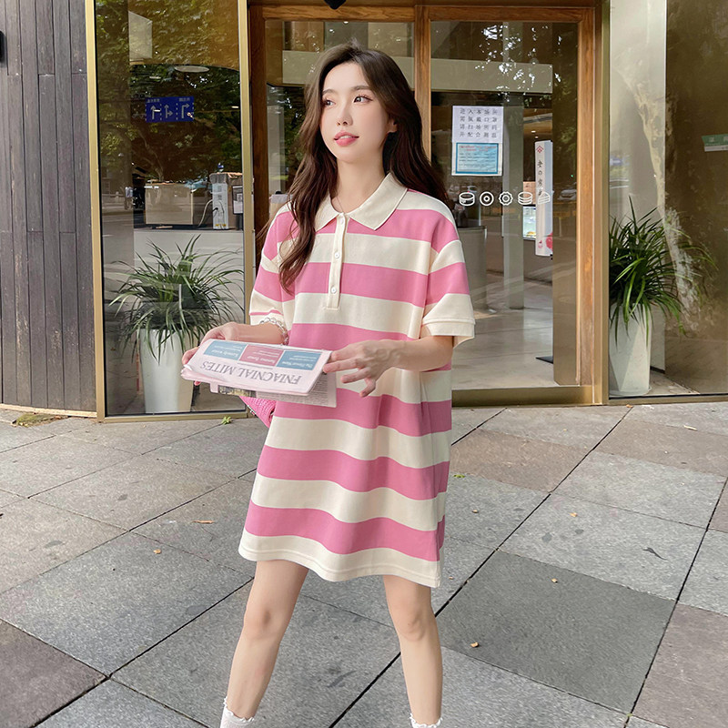 学院风粉色条纹polo连衣裙女夏2025年新款初恋清纯宽松短款T恤裙,女装连衣裙,浙宝099