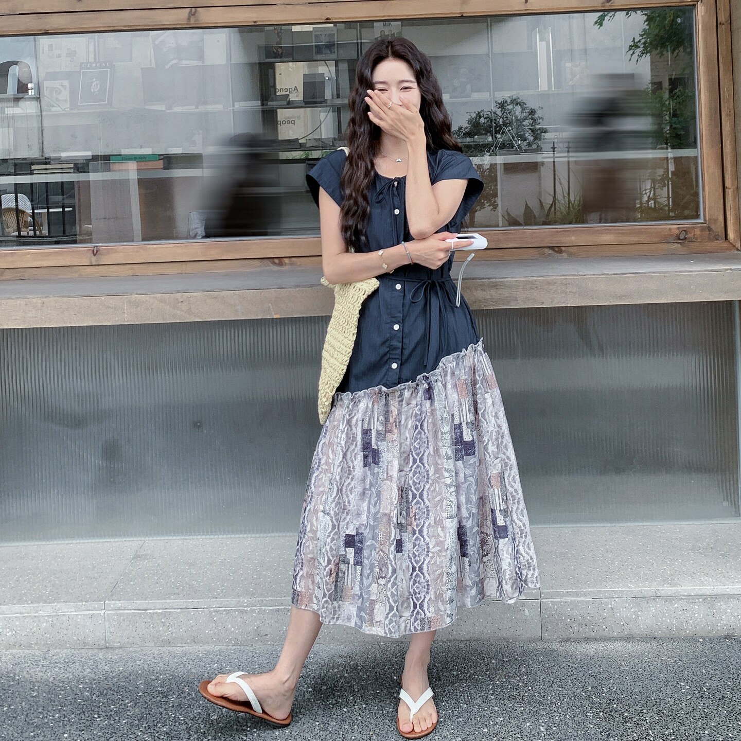 设计感小众印花拼接连衣裙女2025夏季新款港风复古收腰显瘦衬衫裙,女装连衣裙,浙宝099