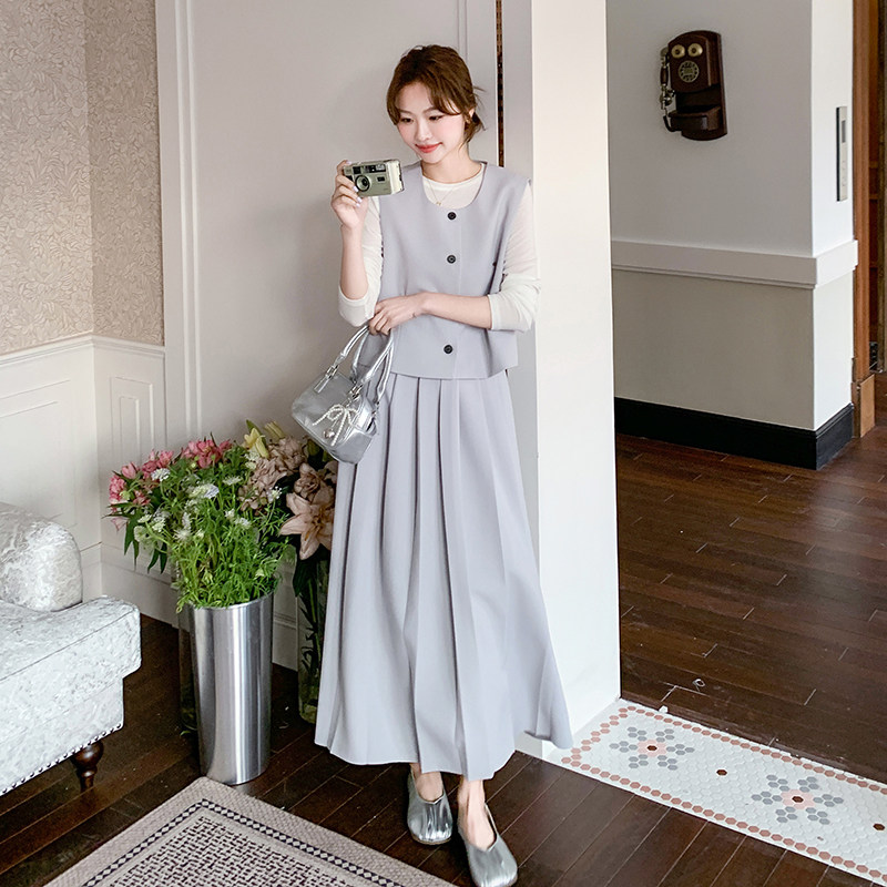 蓝色灰色马甲时尚套装女2025春季新款气质显瘦百褶裙连衣裙两件套,女装套装/套裙,浙宝099