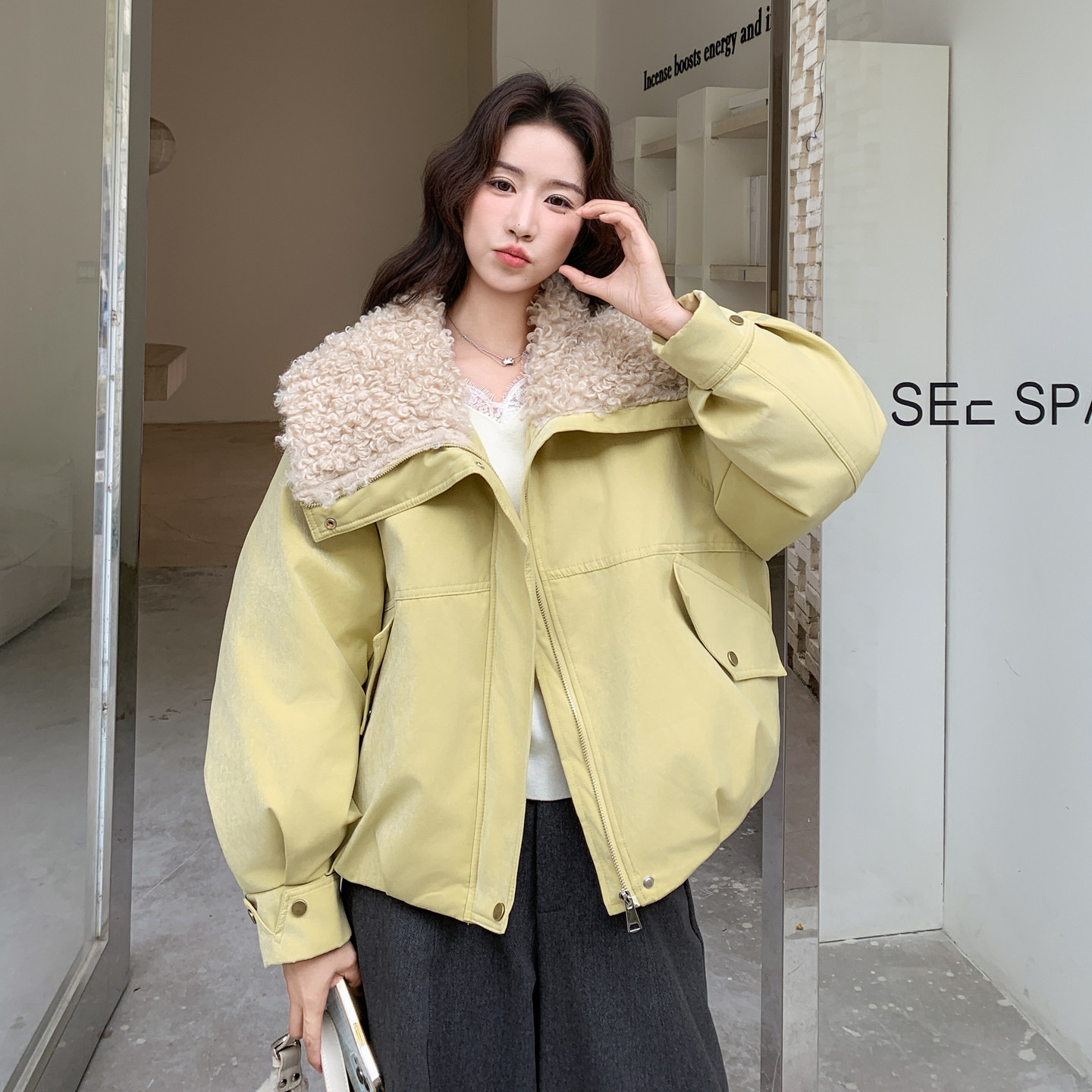 新款现货羊羔毛拼接50羽绒服派克服099-10326-p235-k358，女装羽绒服，浙宝099