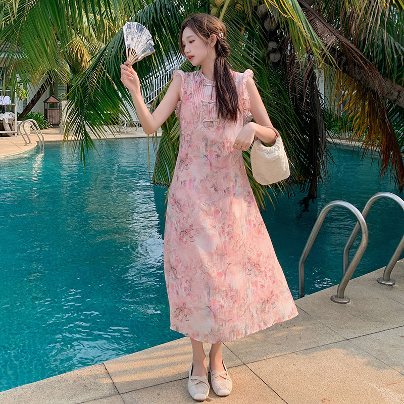 新中式国风碎花飞飞袖连衣裙女2025夏季新款法式收腰显瘦气质长裙,女装连衣裙,浙宝099