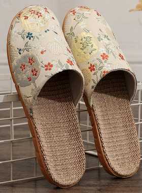 中国风刺绣新居家亚麻绣花女拖鞋布料柔软耐用贴肤EVA底防滑透气