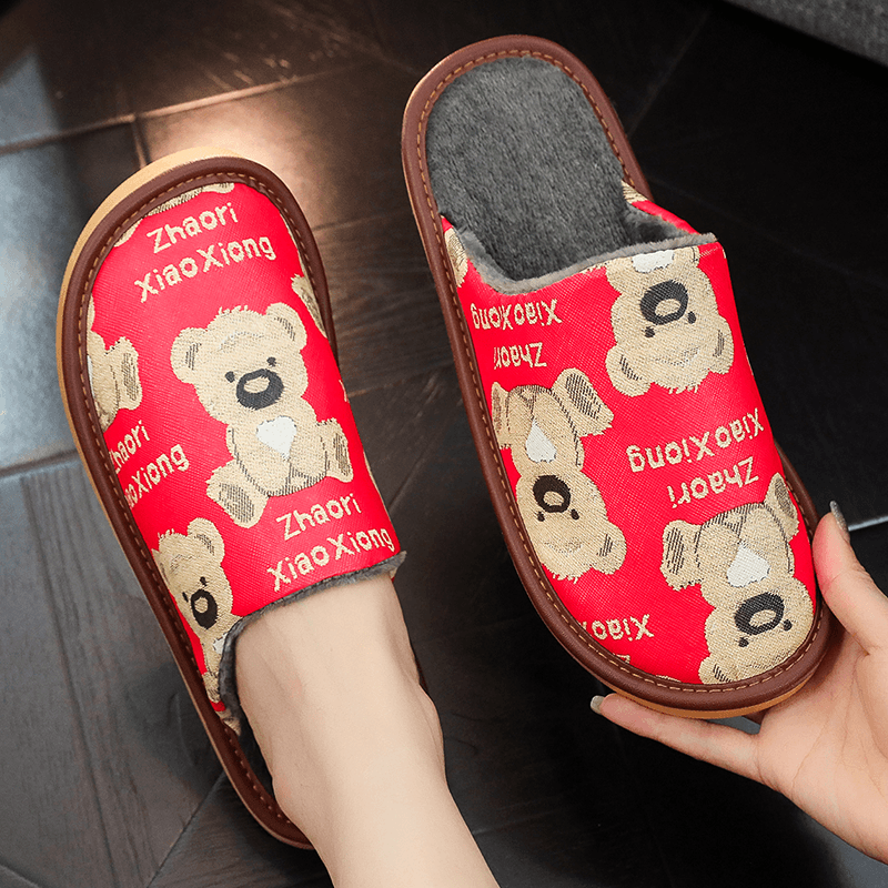 秋冬保暖防滑小熊卡通居家棉拖鞋