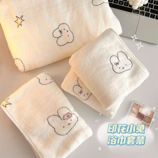 珊瑚绒家用加厚吸水速干毛巾干发帽三件套 可爱小兔浴巾女2026新款