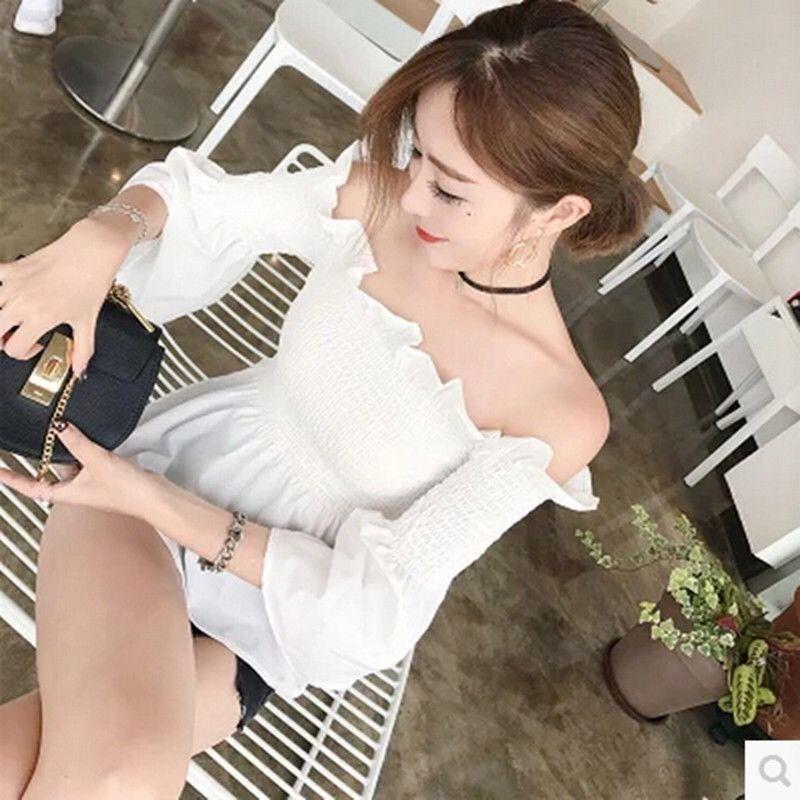 喇叭袖木耳边一字肩白色衬衫女露肩收腰上衣百搭夏季新款