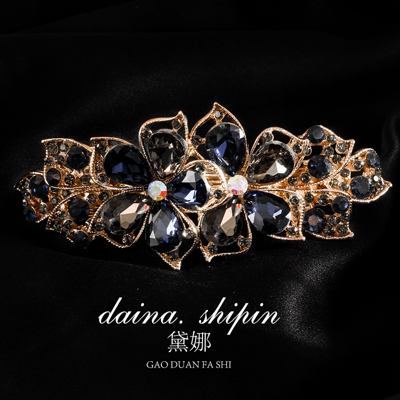 妈妈发夹大号水钻花朵水晶弹簧夹高级感轻奢横夹马尾夹一字夹发卡