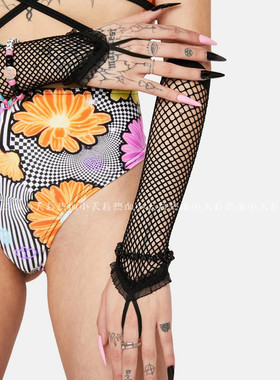 PUNK夏日朋克蕾丝卷边黑色手指弹力手套GLOVES