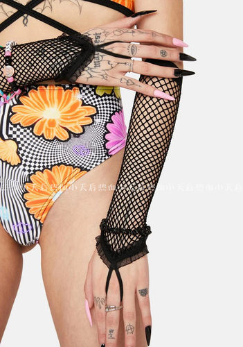 PUNK夏日朋克蕾丝卷边黑色手指弹力手套GLOVES