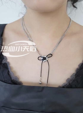 蝴蝶结黑色丝带手作钢珠吊坠钛钢许双层细链条项链