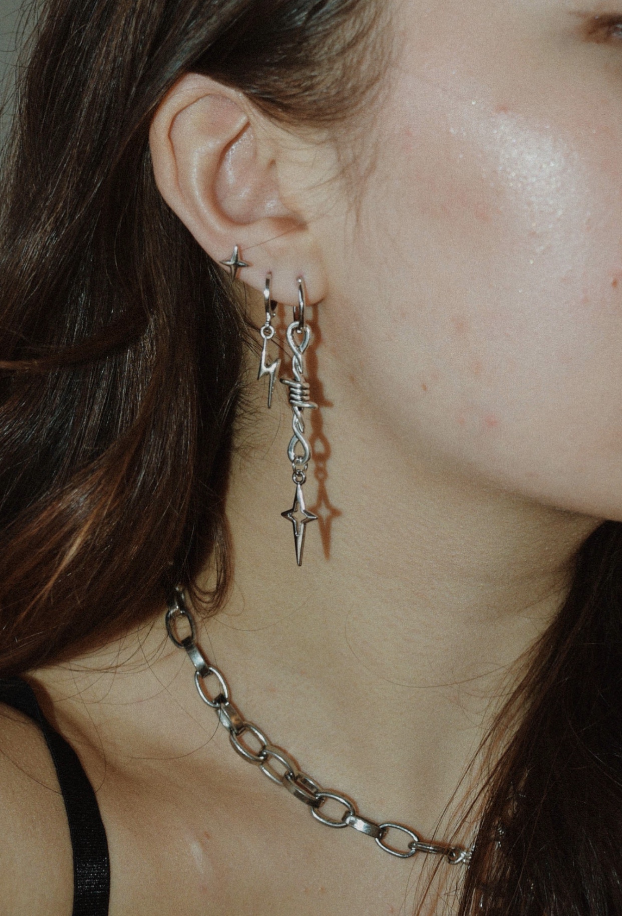 冷淡风小众设计ins荆棘镂空星星/闪电吊坠耳环耳圈一对