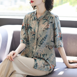 中年妈妈夏装薄款真丝衬衫中老年女装夏季印花桑蚕丝小衫上衣套装