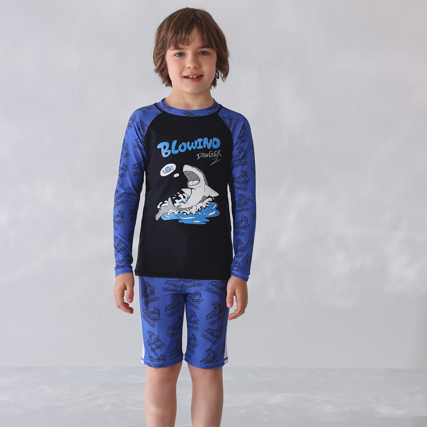 出口欧美单男中大童防晒防辐射长袖黑底大鲨鱼短裤休闲分体游泳衣