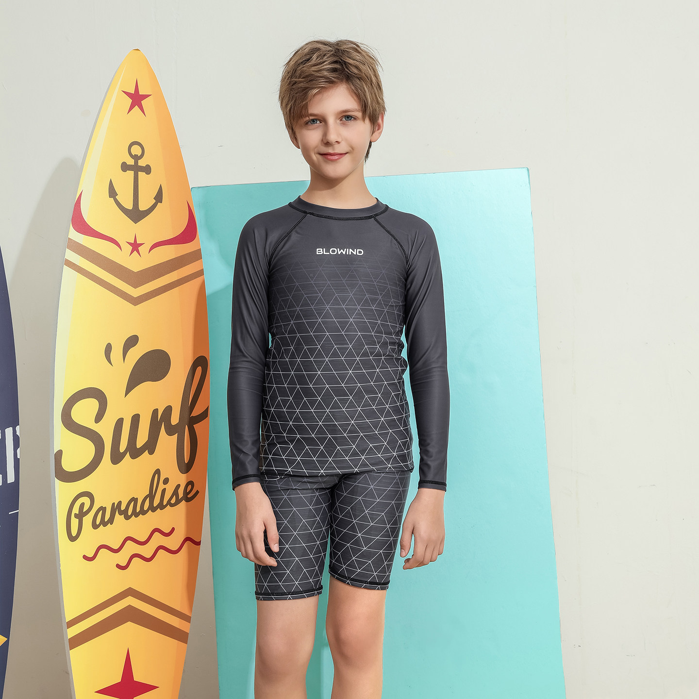 出口欧美单男中大童防晒防辐射长袖黑底白菱形短裤休闲分体游泳衣