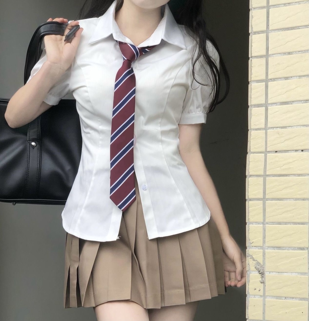 收腰jk衬衫女辣妹纯欲百褶裙学院风套装白色泡泡袖绑带短袖衬衣夏