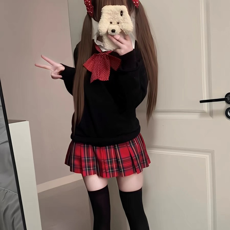 jk制服红色格裙女春秋日系学院风