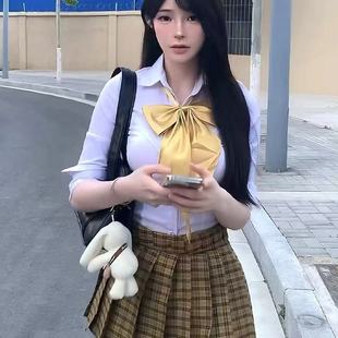 校供格子短裙女 原创向日葵JK制服裙套装 夏季 辣妹收腰白色短袖 衬衫