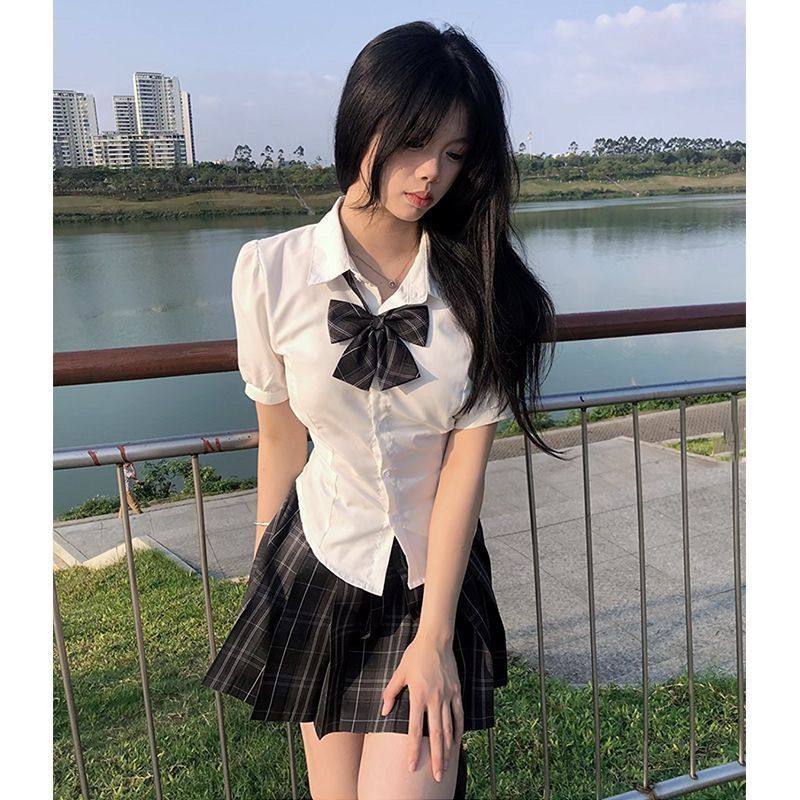 日系jk制服收腰衬衫女短袖学院风修身显瘦泡泡袖白色衬衣甜辣套装