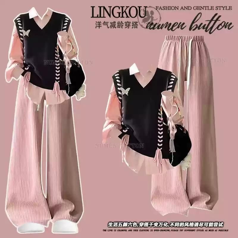 针织衫马甲毛衣女学生+绑带衬衫