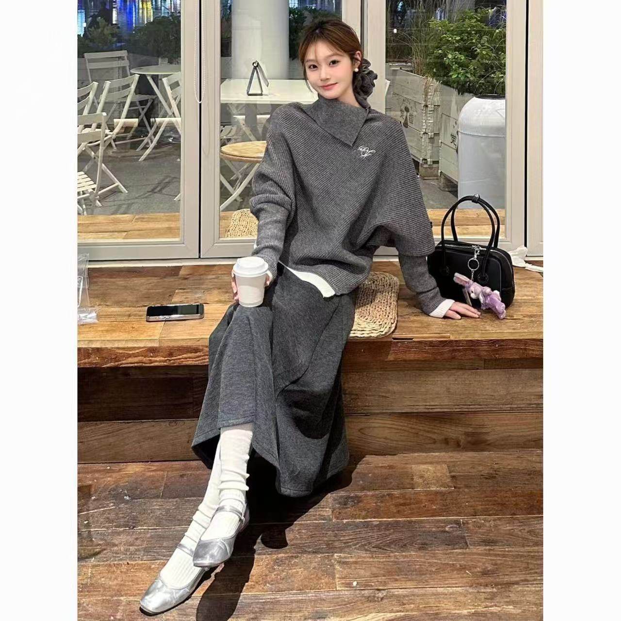 韩系一整套穿搭设计感不规则高领针织衫毛衣女中长款半身裙子