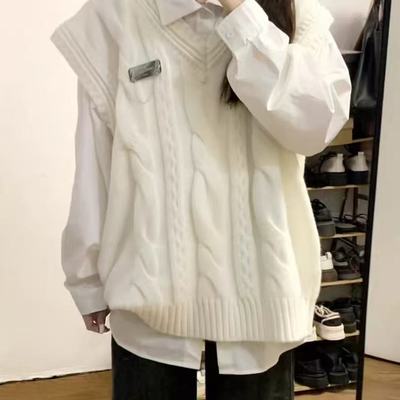两件套v领麻花毛衣韩系针织背心