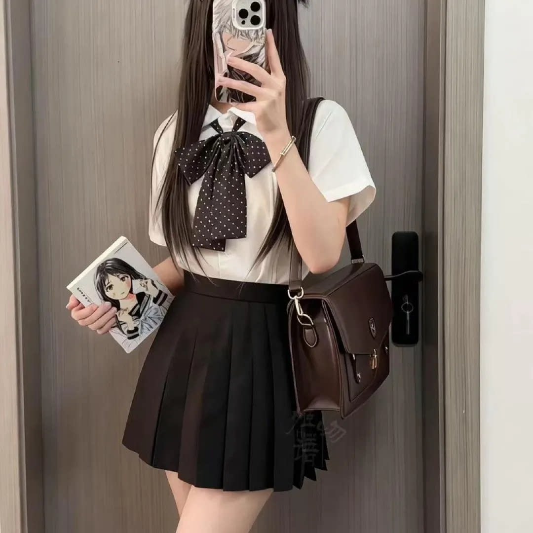 夏季学院风JK制服白衫黑裙套装图片