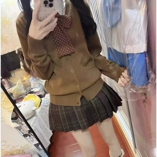 原创JK制服开衫外套V领长袖毛衣叠穿春秋jk格裙针织华夫饼套装女