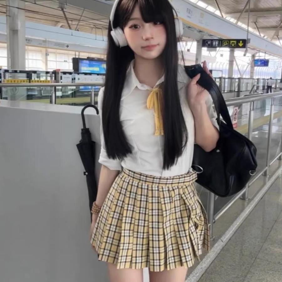 小杏中春夏校供感jk黄色格裙学生