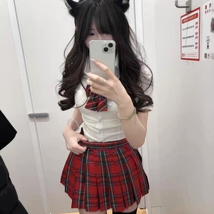 小辣椒jk制服套装 日系学院风红色格子百褶裙女半身裙 正版 原创夏季