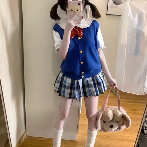夏季日系JK宝蓝开衫马甲四件套