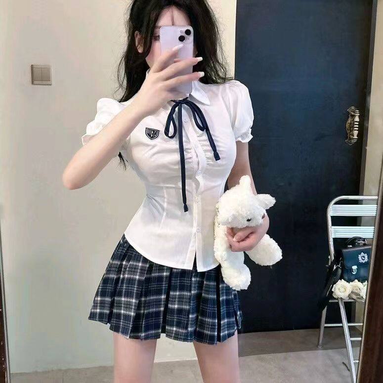 夏季泡泡袖收腰衬衫女jk制服学生服装学院风上衣减龄白色短袖衬衣