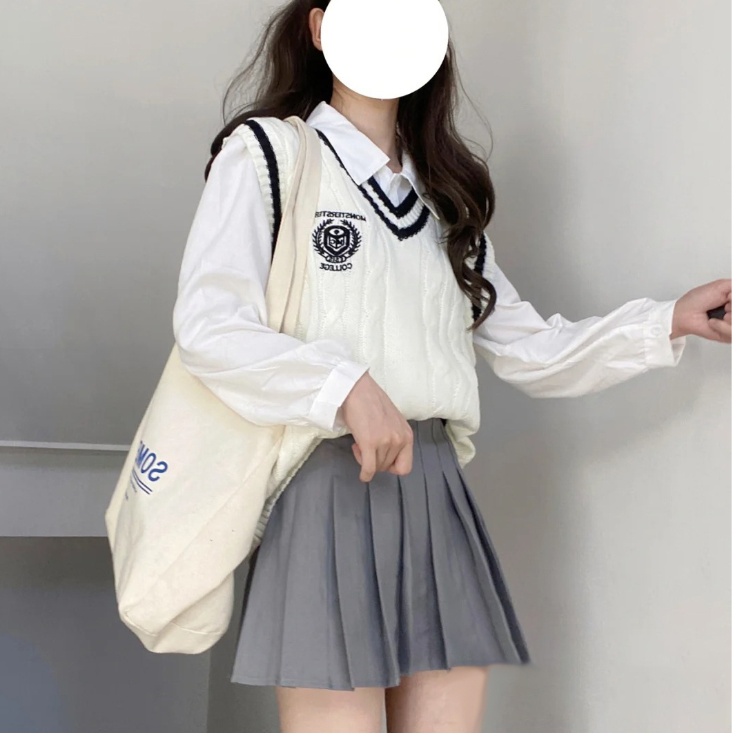 jk套装女长袖针织毛衣马甲衬衫