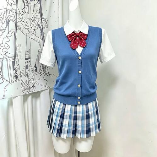 JK学院风宝蓝开衫马甲格裙套装