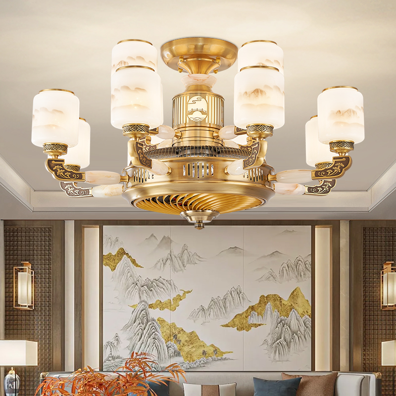 全铜新中式风扇灯餐厅负离子隐形吊扇灯仿古别墅家用客厅电扇灯