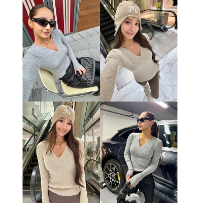 丸丸Maruco Q软高弹！V领针织打底衫 修身显瘦长袖针织衫