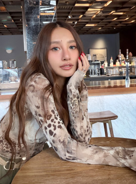 丸丸maruco 野生感性感豹纹长袖~ 半透视修身大U领显瘦T恤