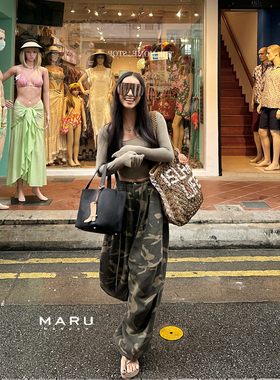 丸丸Maru好版型chao好穿！秒变沙漏腰水洗迷彩工装裤休闲裤伞裤女