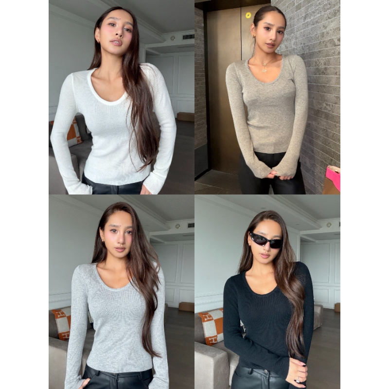 丸丸Maruco 高弹针织大U领打底衫 百搭显瘦显身材针织上衣