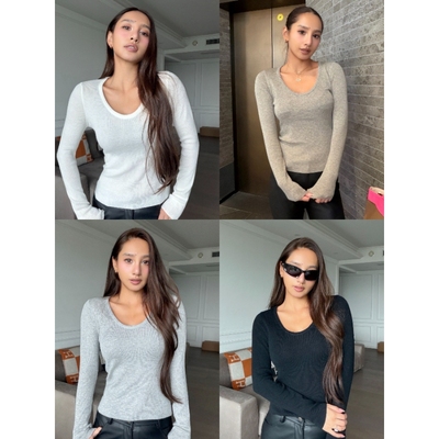 丸丸Maruco 高弹针织大U领打底衫 百搭显瘦显身材针织上衣