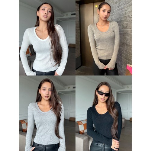 丸丸Maruco 高弹针织大U领打底衫 百搭显瘦显身材针织上衣