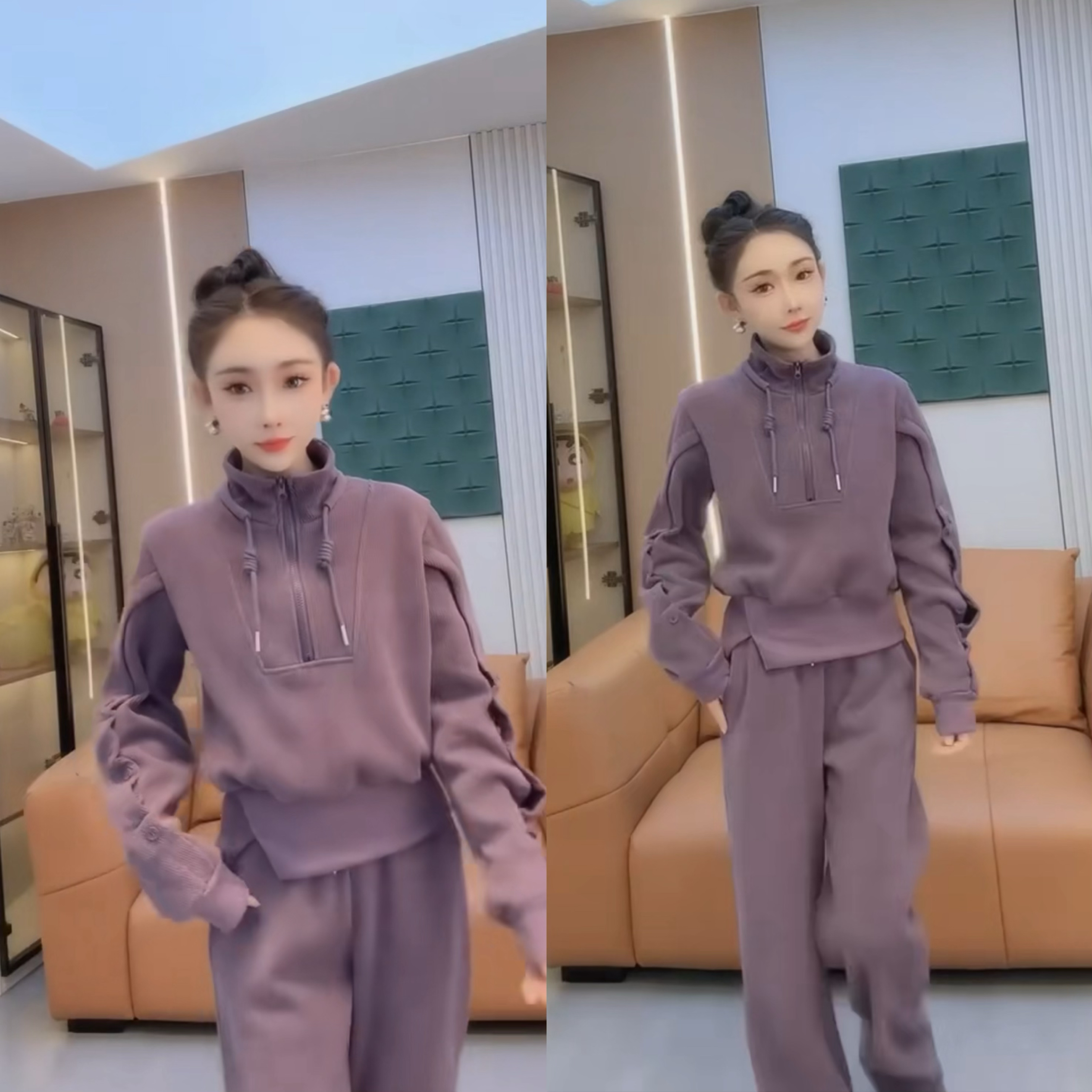 独特超好看气质紫色套装2025秋冬新款高级立领上衣阔腿裤时尚女装